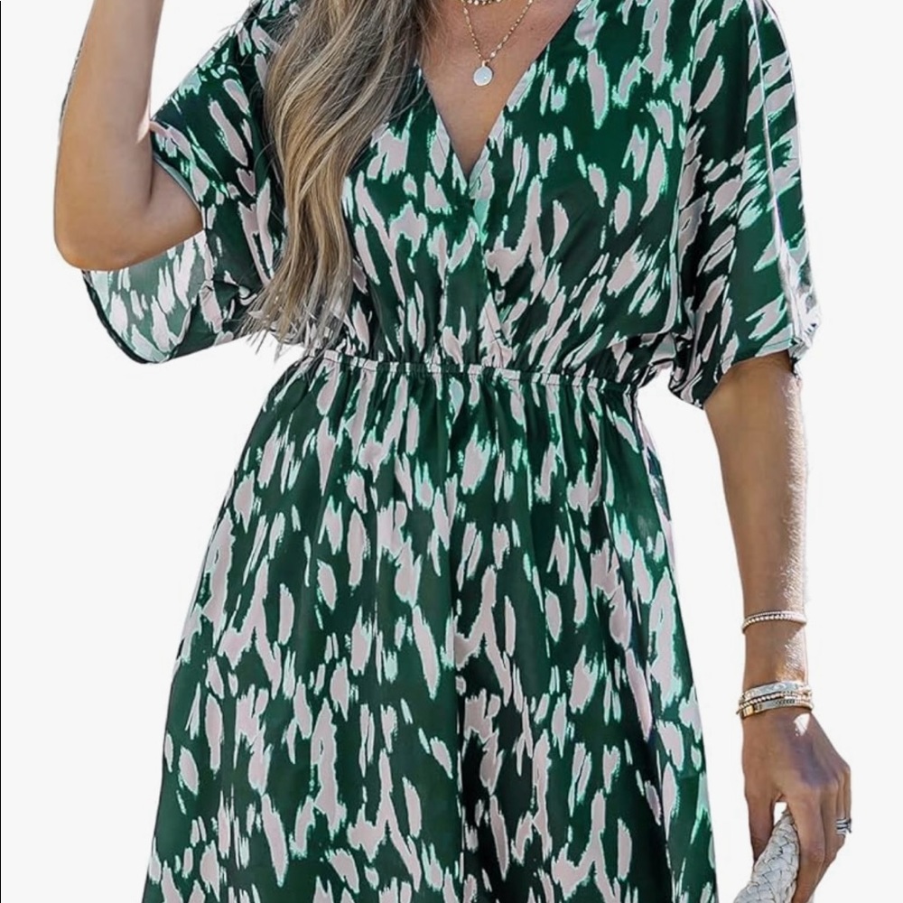 Short Sleeve Wrap V-Neck Print Elastic Waist